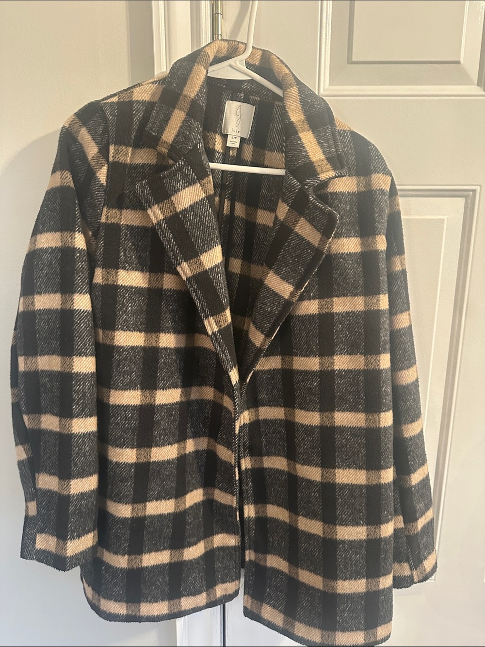 Joie Black and Cream Plaid Pea Coat